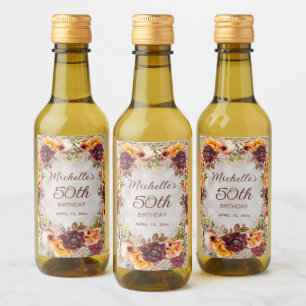 Burgundrote verbrannte orangefarbene Blumen Frauen Weinetikett