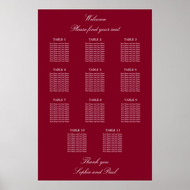 Burgundy 11 Tabelle Hochzeitsdiagramm Poster (Vorne)