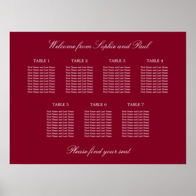 Burgundy 7 Table Wedding Chart Poster (Vorne)