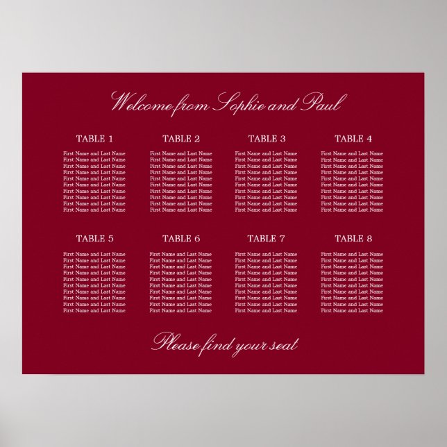 Burgundy 8 Table Wedding Chart Poster (Vorne)