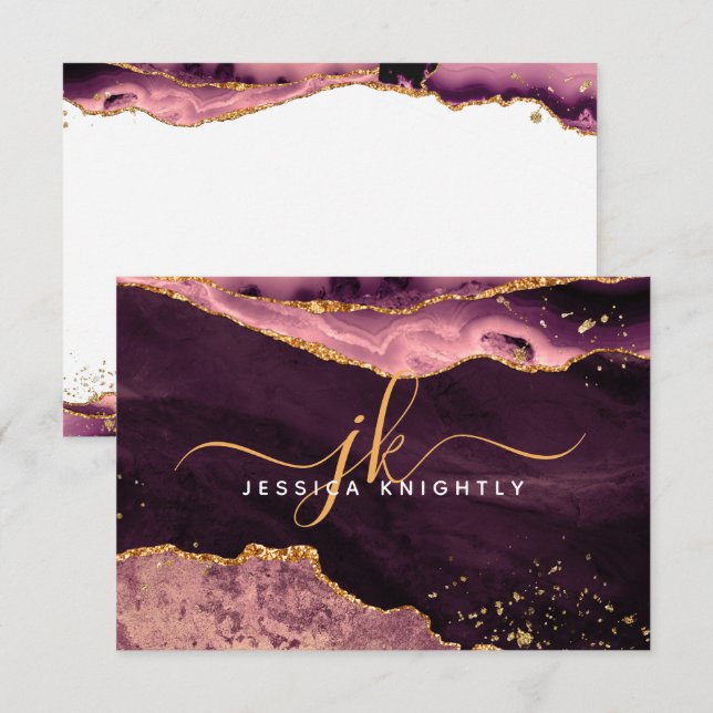 Burgundy Agate Geode Gold Glitzer Script Monogram Mitteilungskarte (Vorne/Hinten)