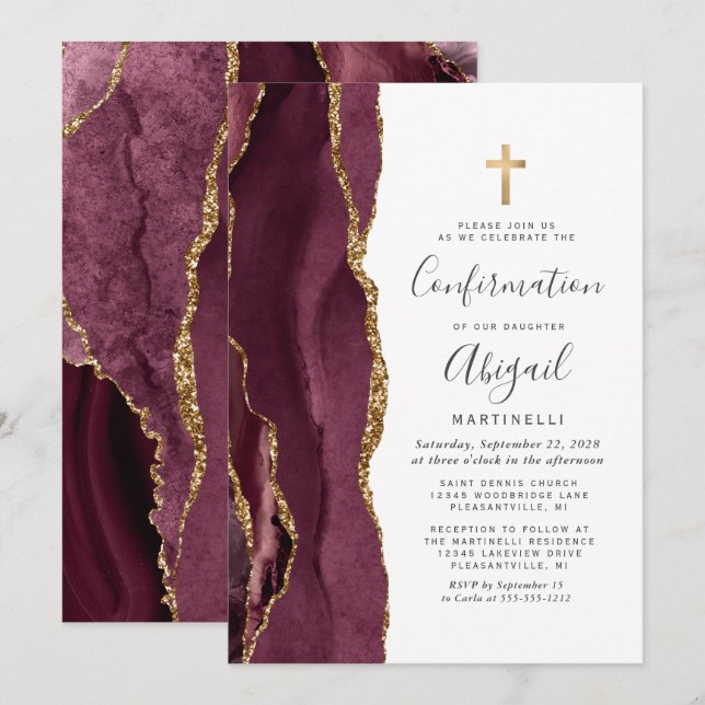 Burgundy Agate Gold Glitzer Bestätigung Einladung (Vorne/Hinten)
