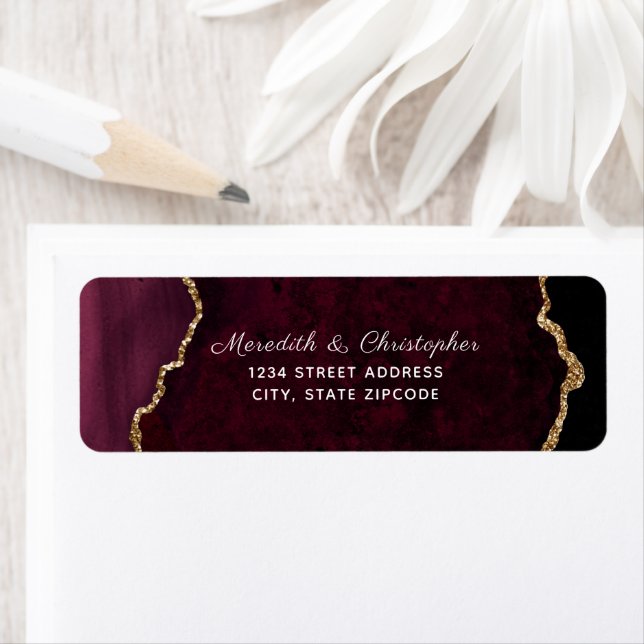 Burgundy Agate Gold Glitzer Wedding Rücksendeadres (Insitu)