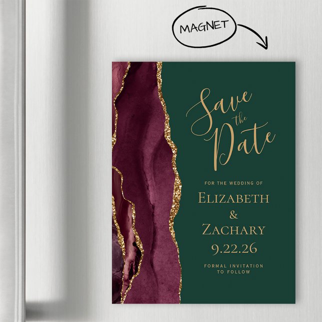 Burgundy Agate Gold Green Magnetic Save the Date Magnetkarte (Von Creator hochgeladen)
