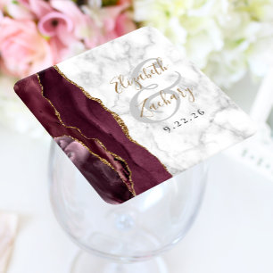 Burgundy Agate Marble Gold Script Wedding Rechteckiger Pappuntersetzer