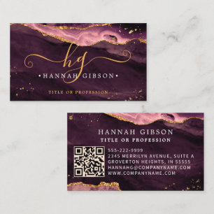 Burgundy Agate Script Monogram QR Code Visitenkarte