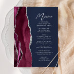 Burgundy Agate Silver Script Navy Blue Wedding Menükarte<br><div class="desc">Dieses elegante,  moderne Hochzeitsmenü besticht durch eine bordeauxrote Aquarellgrenze,  die mit Imitaten aus silberem Glitzer besticht. Der anpassbare Text kombiniert silbergraues Handschriftenskript und sans Serif-Schriftart auf marinebasischem Hintergrund. Das bordeauxfarbene und silberfarbene Design wird auf der Rückseite wiederholt.</div>