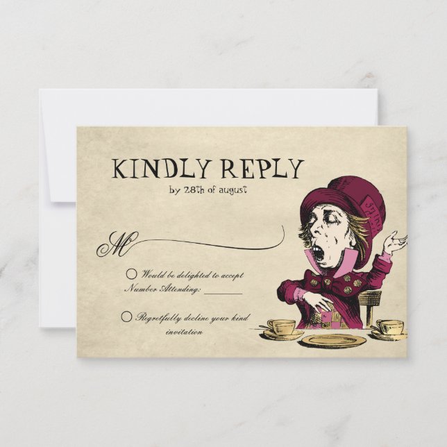 Burgundy Alice im Wunderland Mad Hatter Wedding RSVP Karte (Vorderseite)