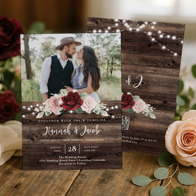 Burgundy and Blush Floral QR Code Rustic Wedding Einladung (Von Creator hochgeladen)