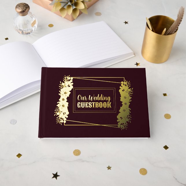 Burgundy and Gold Foil Wedding Gästebuch (Vorderseite Offen)