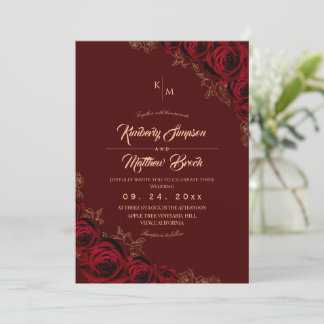 Burgundy and Gold Rose Floral Boho Wedding Invitat Einladung