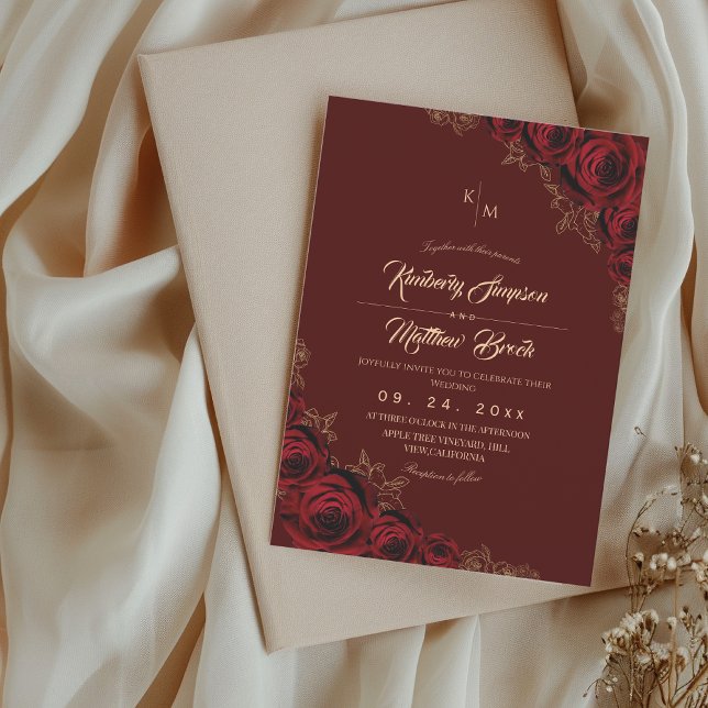 Burgundy and Gold Rose Floral Boho Wedding Invitat Einladung (Von Creator hochgeladen)