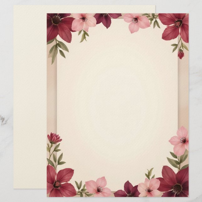Burgundy and Pink Border Stationery Paper Briefbogen (Vorne/Hinten)