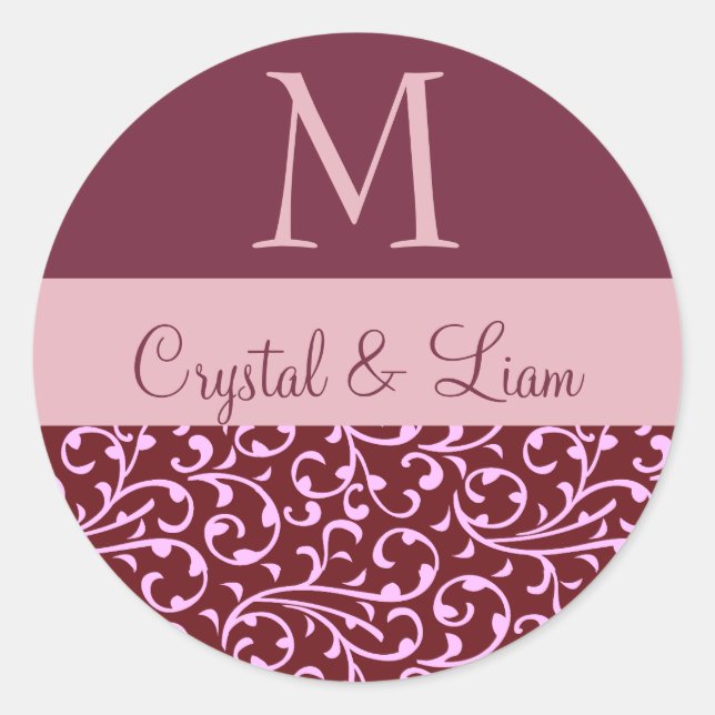 BURGUNDY and PINK Damask Wedgram Runder Aufkleber (Vorderseite)