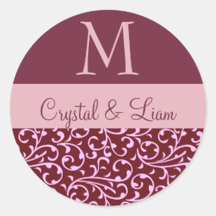 BURGUNDY and PINK Damask Wedgram Runder Aufkleber