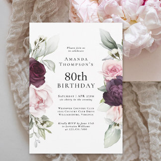 Burgundy and Pink Floral Elegant 80th Birthday Einladung