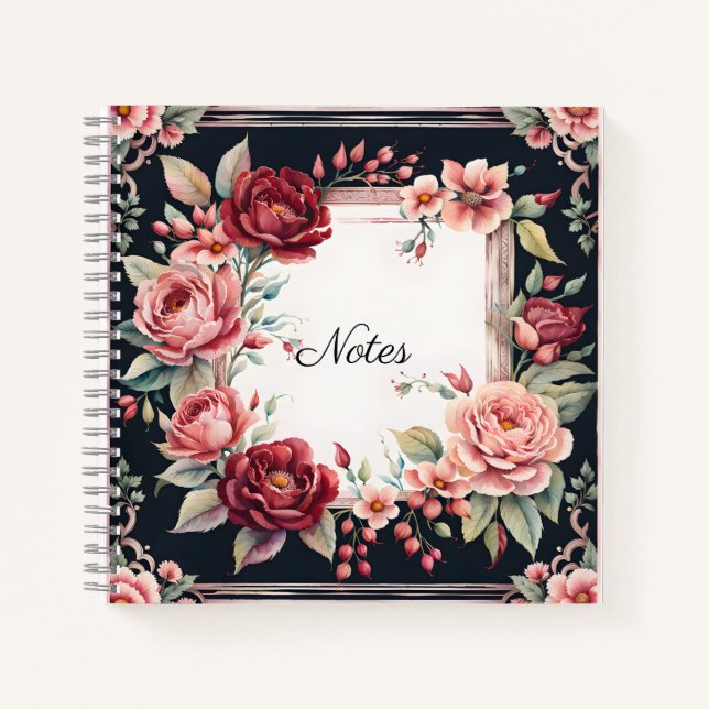 Burgundy and Pink Flowers on Black Notizbuch (Vorderseite)