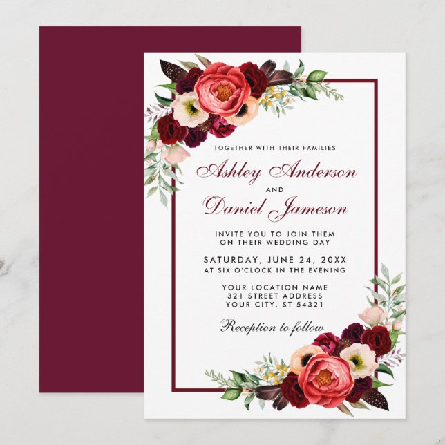 Burgundy Aquarelle Floral Boho Mariage Invitation (Devant / Derrière)