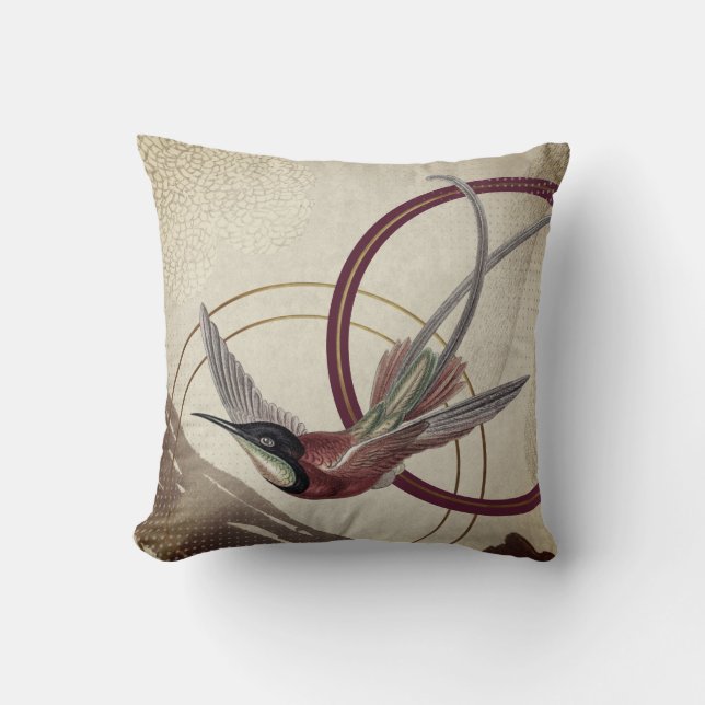 Burgundy Artistic Abstrakt Hummingbird Kissen (Vorderseite)