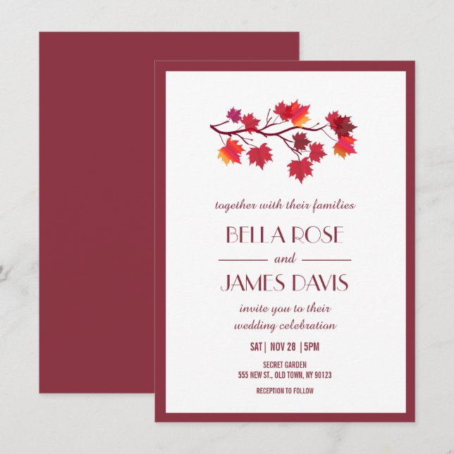 Burgundy Automne Feuilles Mariages Invitations (Devant / Derrière)