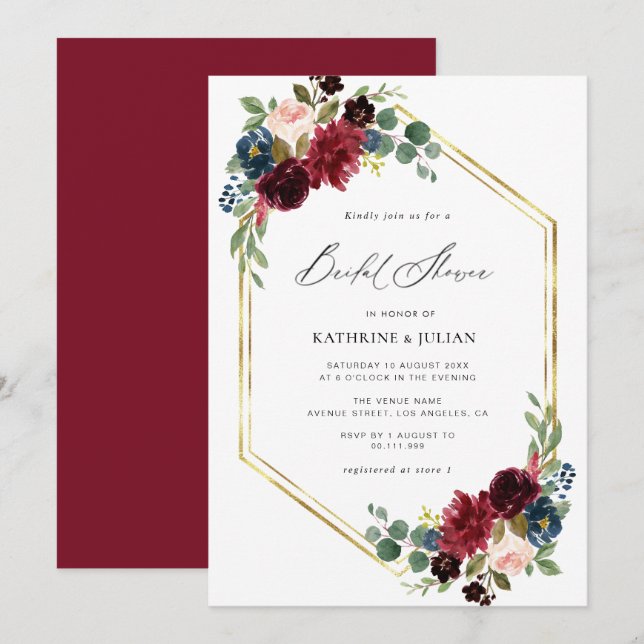burgundy automne fleurie nuptiale invitation (Devant / Derrière)