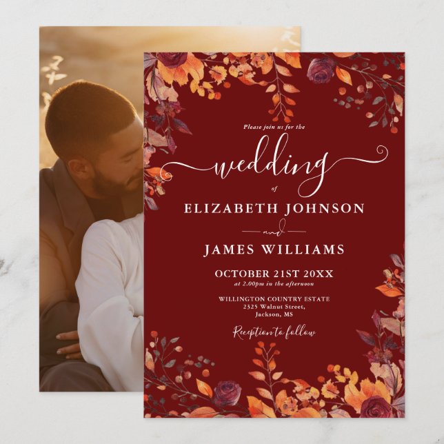 Burgundy Autumn Fall Floral Photo Wedding Einladung (Vorne/Hinten)