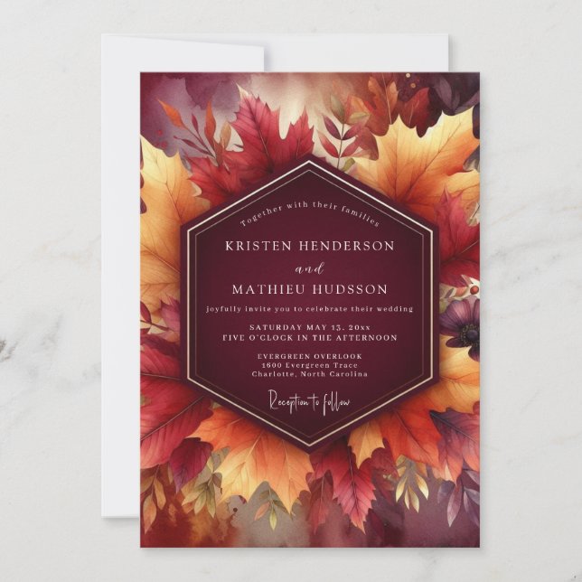Burgundy Autumn Leaf Celebration Wedding Einladung (Vorderseite)