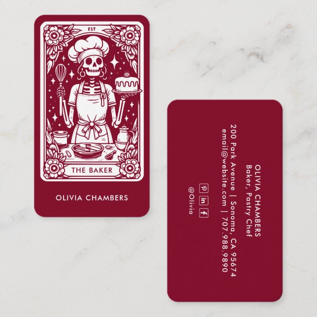 Burgundy Baker Tarot Skeletts Konditorei Koch Visitenkarte (Vorne/Hinten)