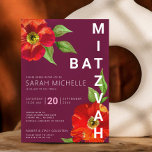 Burgundy Bat Mitzvah Floral Watercolor Bold Modern Einladung<br><div class="desc">Seien Sie stolz, freuen Sie sich und präsentieren Sie diesen Meilenstein Ihres Lieblings-Bat Mitzvah mit dieser raffinierten, personalisierten Einladung! Eine schicke, atemberaubende, florale Aquarellfarbe mit modernem san serif type überlagert einen bordeauxfarbenen Hintergrund. Personalisieren Sie den benutzerdefinierten Text mit dem Namen, Datum und Veranstaltungsort Ihres Bat Mitzvah. Garantiert, um ihrem besondere...</div>