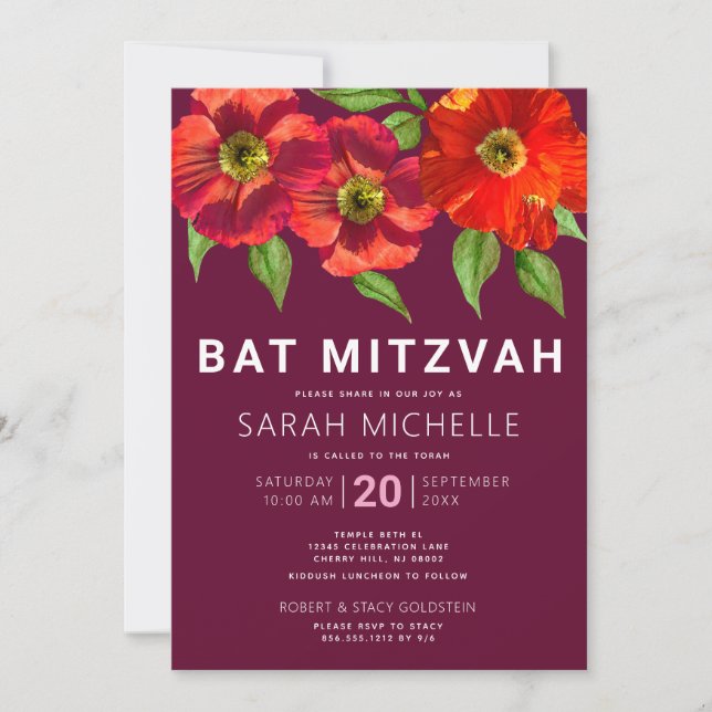 Burgundy Bat Mitzvah Moderne Wasserfarben Einladung (Vorderseite)
