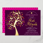 Burgundy Bat Mitzvah Tree of Life Script Real Gold Folieneinladung<br><div class="desc">Seien Sie stolz, freuen Sie sich und präsentieren Sie diesen Meilenstein Ihres Lieblings-Bat Mitzvah! Dieser reale, grafische Goldfolienbaum mit funkelnd rosa, orangefarbenen und roten David-Stern- und Dot-Blätter auf einem lila bordeauxfarbenen Hintergrund ist die perfekte Einladung für diesen besondere Anlass. Ein winziger, dunkelroter Star-of-David-Muster, der über heiß rosa liegt, ist auf...</div>