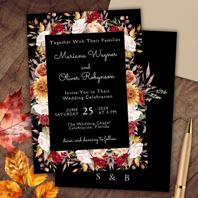 Burgundy Beige auf Black Fall Floral Wedding Einladung (Von Creator hochgeladen)