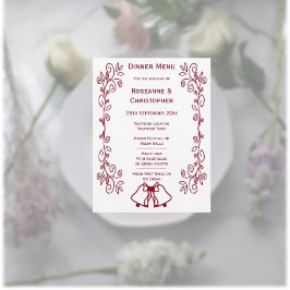 Burgundy Bells Scrollwork Design Wedding Menükarte