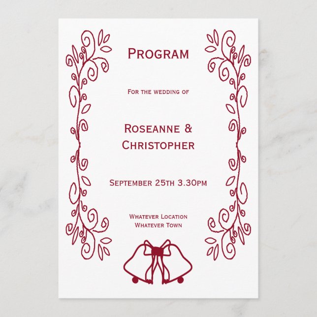 Burgundy Bells Scrollwork Design Wedding Programm (Vorderseite)