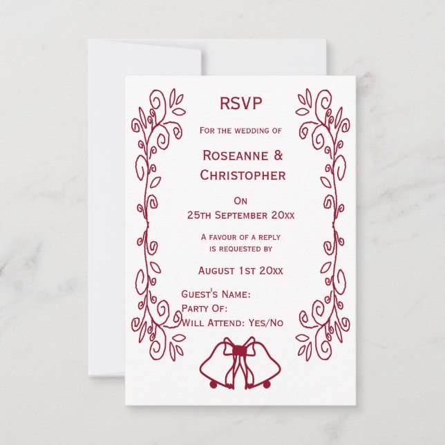 Burgundy Bells Scrollwork Design Wedding RSVP Karte (Vorderseite)