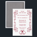 Burgundy Bells Scrollwork Wedding Save the Date Magnet<br><div class="desc">Hochzeit speichern Sie das Design der Datums-Magneten Glocken. Passen Sie diese rote Hochzeit auf,  speichern Sie den Datums-Magneten mit Ihren Hochzeitsdetails. Wenn Sie Hilfe bei der Anpassung benötigen,  kontaktieren Sie uns über den Link auf dieser Seite. Burgundy farbene Glocken Design personalisierte Hochzeit speichern den Datums-Magneten</div>