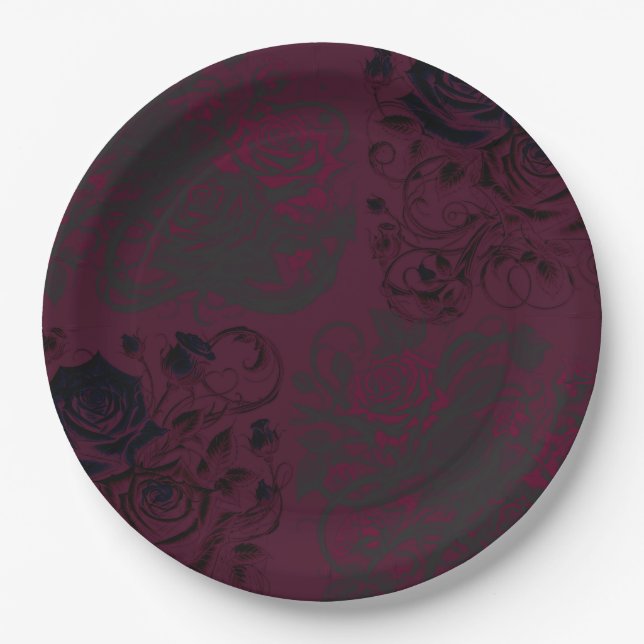 Burgundy & Black Dark Garden Gothic Glam Wedding Pappteller (Vorderseite)