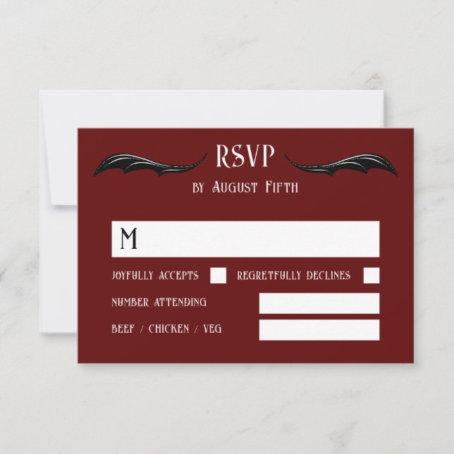 Burgundy Black Dragon Monogram Fantasy Wedding RSVP Karte (Vorderseite)