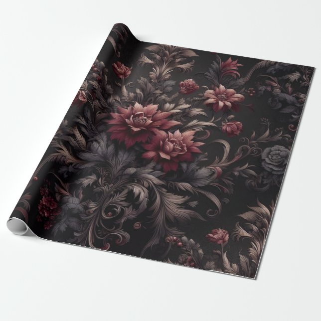 Burgundy Black Floral Geschenkpapier (Ungerollt)