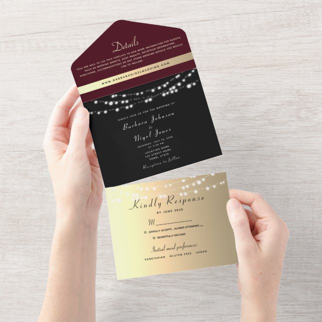Burgundy Black Gold String Lights Hochzeit All In One Einladung (Abreißen)