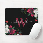 Burgundy Black Watercolor Floral Name Mit Monogram Mousepad<br><div class="desc">Burgund schwarz Aquarell botanische Rose Blütenpaddel personalisierte mit Monogramm Mauspad. Burgund,  Marsala,  Rose mit weißer Wasserfarbe,  botanisches Blumendesign mit dunkelgrünen Blätter und Beeren auf schwarzem Hintergrund. Freuen Sie sich auf ein elegantes Wirbles,  handgeschriebenes Typografie-Design mit Ihrem individuelle Name,  Monogramm und hübschen bordeauxfarbenen,  weißen Rose. Perfektes weibliches Geschenk.</div>