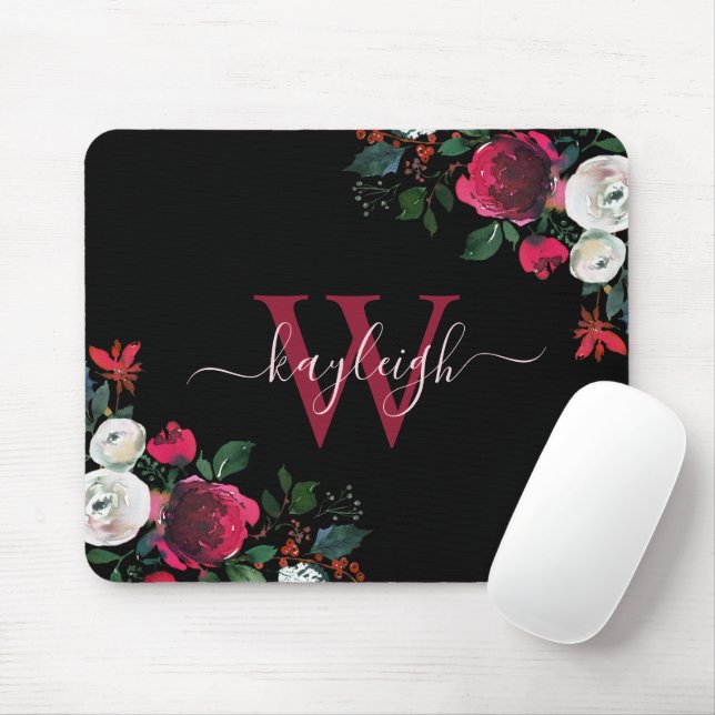Burgundy Black Watercolor Floral Name Mit Monogram Mousepad (Mit Mouse)
