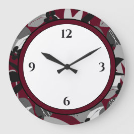 Burgundy Black & White Modern Floral Border Große Wanduhr