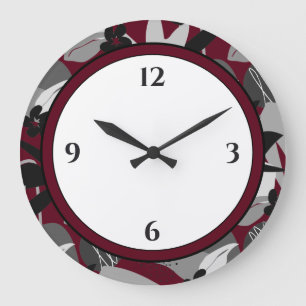 Burgundy Black & White Modern Floral Border Große Wanduhr
