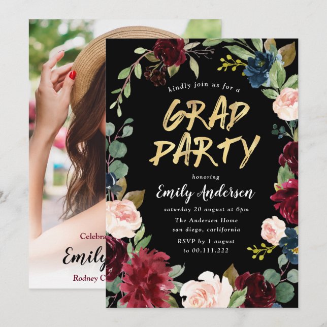 Burgundy Bläserpinsel Blac Graduierungsparty Einladung (Vorne/Hinten)