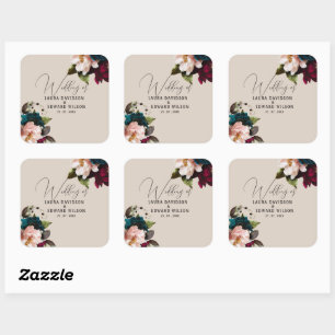 Burgundy Bliss: Elegantes Blumenmuster in Win Quadratischer Aufkleber