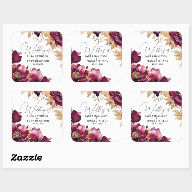 Burgundy Bliss: Elegantes Blumenmuster in Win Quadratischer Aufkleber (Blatt)