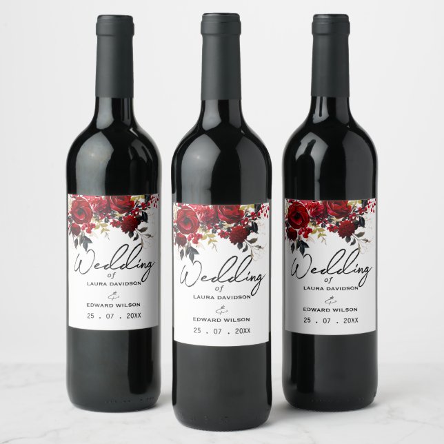 Burgundy Bliss: Elegantes Blumenmuster in Win Weinetikett (Flaschen)