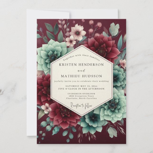 Burgundy Bloom Assemblage Wedding Einladung (Vorderseite)