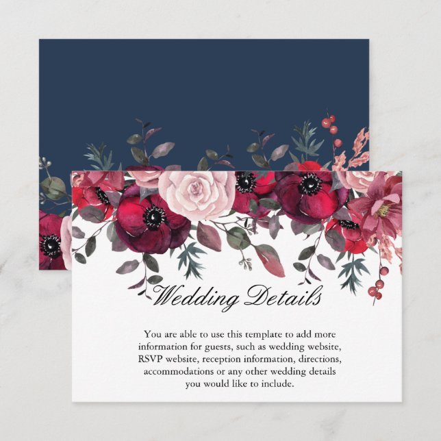 Burgundy Bloom Blush Blue Floral Wedding Begleitkarte (Vorne/Hinten)
